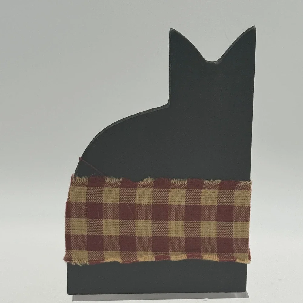 Primitive Wooden Cat Trio Figurine Rustic Folk Art Farmhouse Decor Gingham Bow